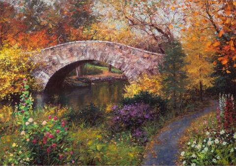 First Kiss 30x40 stone bridge over river with fall trees and flowers oil painting by Bill Inman